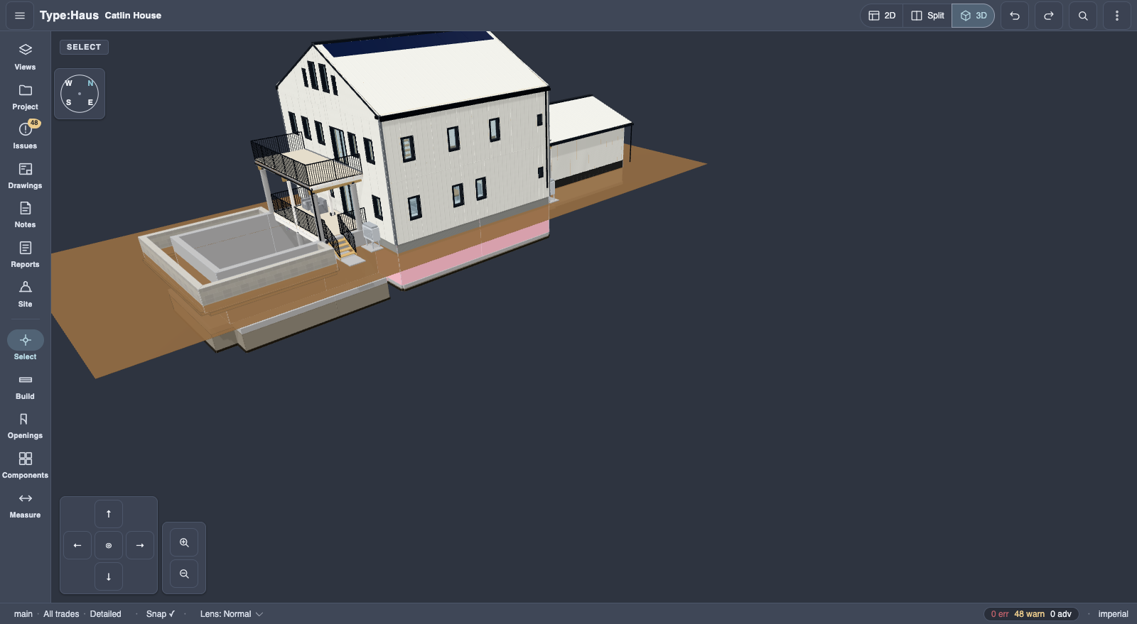 Shaded 3D view of the same house sitting on its site, with the walkout basement, porch railing and roof planes visible.