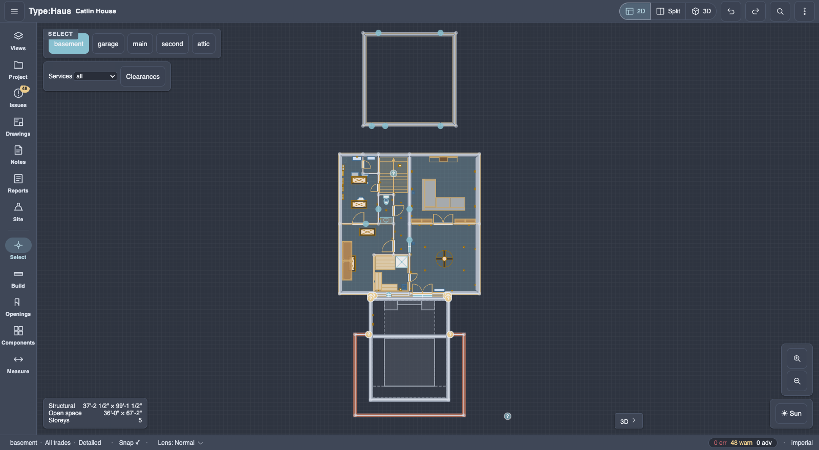 Basement floor plan in the Type:Haus editor showing labelled rooms with square footages, a stair run, plumbing and mechanical fixtures, and the sunken garden retaining walls.