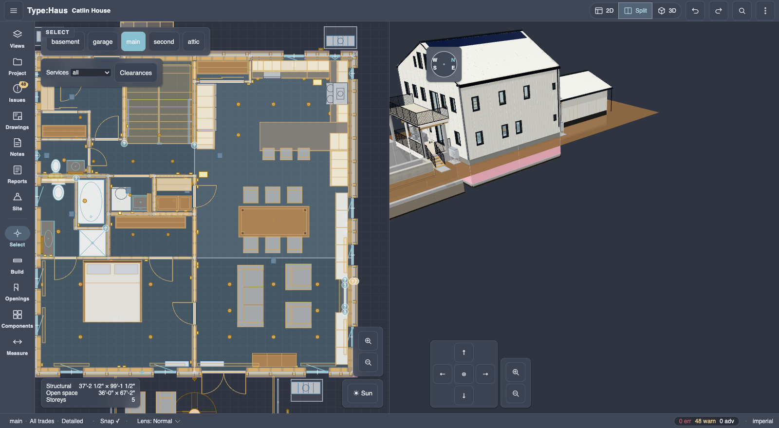 The Type:Haus editor: a dimensioned 2D floor plan with resolved stud framing, rooms and furniture on the left, and a shaded 3D model of the same house on its site on the right.